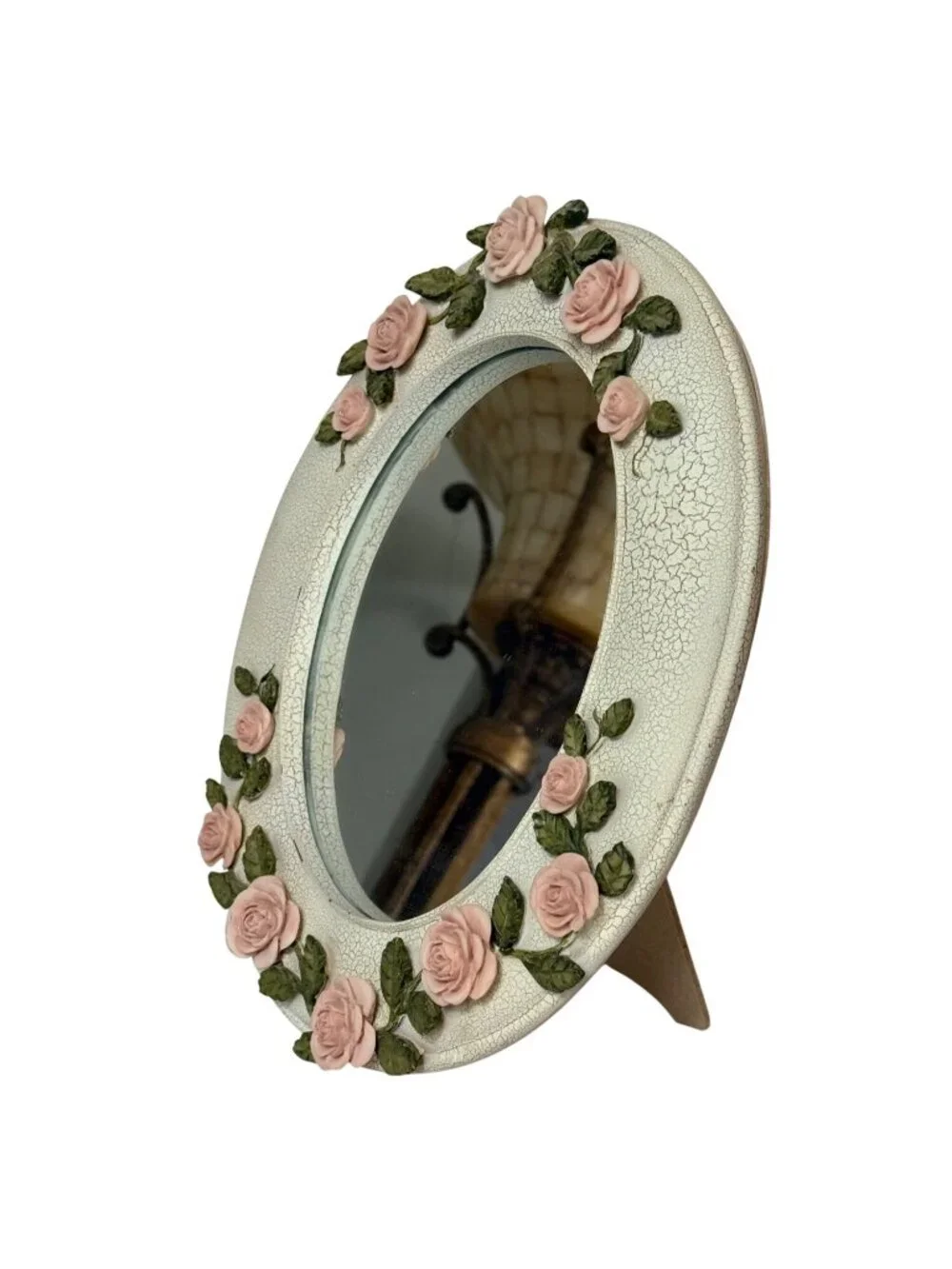 Homco Oval Mirror Roses Distressed White Frame VTG Shabby Chic French Country